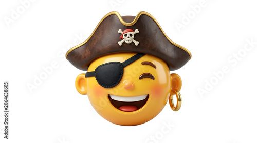 Pirate emoji character with tricorne hat and eye patch, 3D rendered smiling pirate face icon, yellow cartoon buccaneer avatar with gold earring