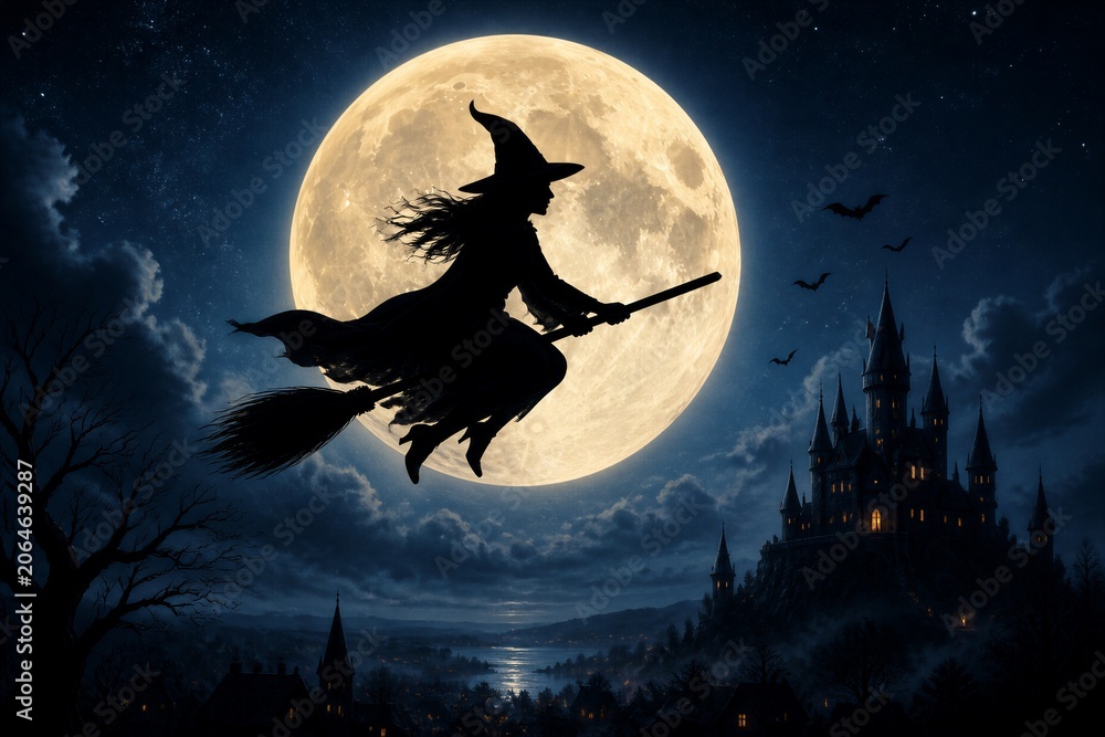 Fototapeta premium Witch silhouette flying across full moon over castle on hilltop under stars