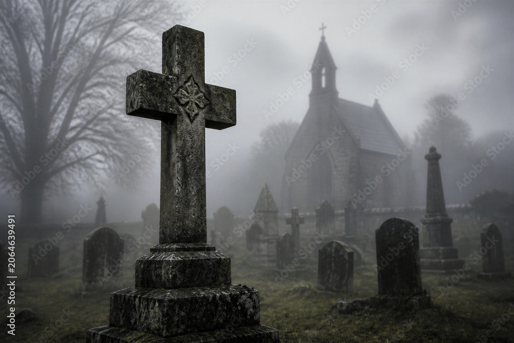 Fototapeta premium Stone cross standing in foggy graveyard near chapel