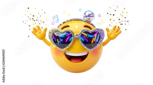 Party emoji character wearing glitter heart sunglasses, happy dancing yellow emoticon with disco ball and confetti, celebratory music festival avatar