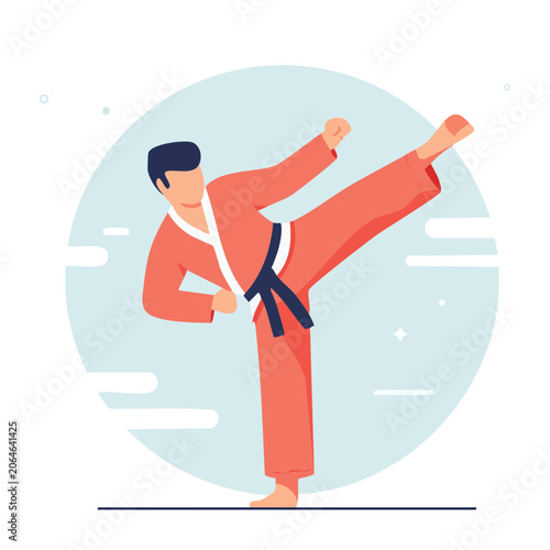 Karate fighter performing a high kick in flat design