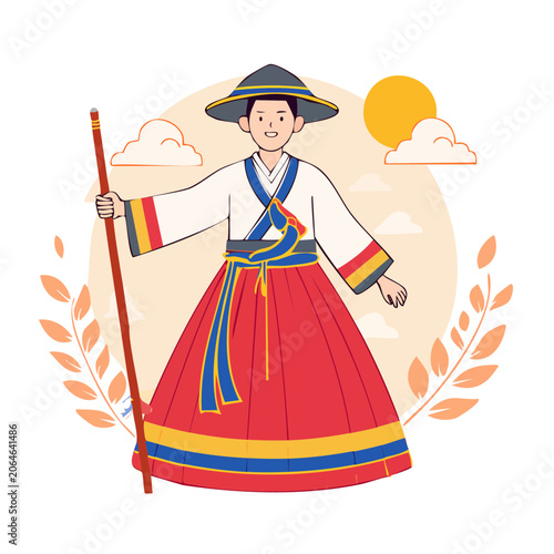 Traditional Costume Figure with Flag and Staff