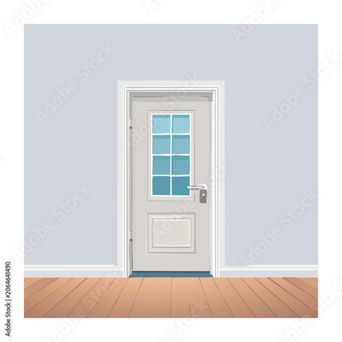 White door with glass panel on wooden floor