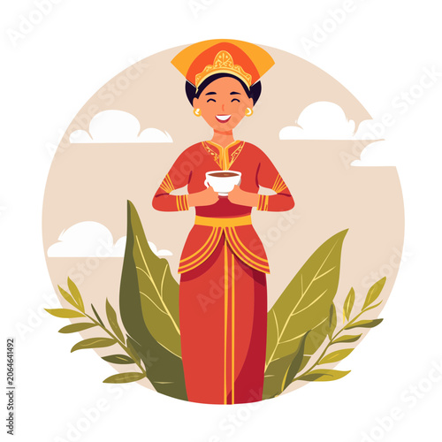 Woman in Traditional Dress Holding a Bowl