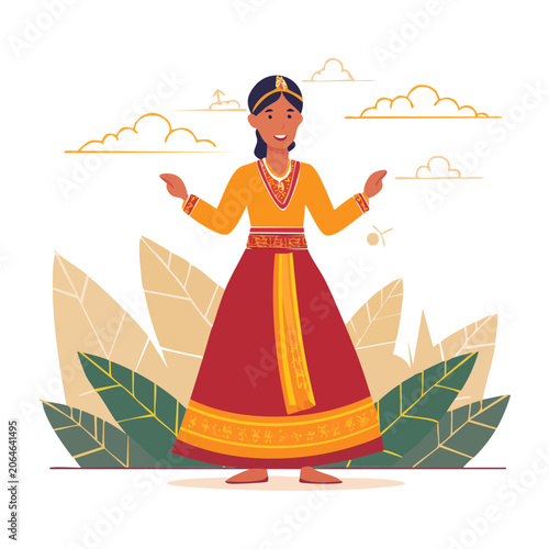 Woman in traditional folk costume with open arms