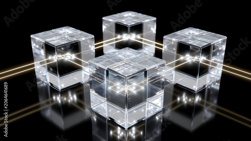 glass geometric cube with glowing orange network connections representing abstract technology and digital innovation background