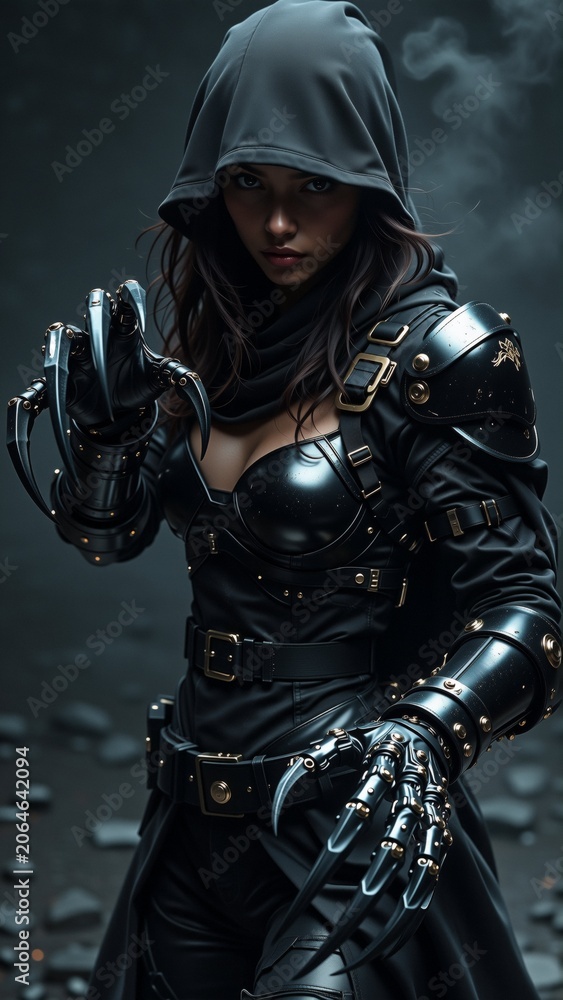 Naklejka premium portrait young woman dressed dark ominous outfit she wearing black hooded cloak hood covers her head shoulders cloak leather has gold accents shoulders arms woman also wearing pair black gloves gold