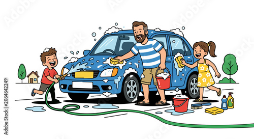 Father and children washing a car together on a sunny day