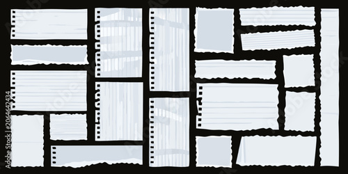 Valokuva Torn notebook paper pieces with jagged edges vector illustration on black backgr