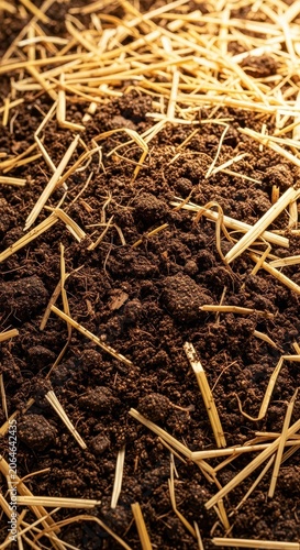 A natural blend of finely chopped, dried straw mixed thoroughly into rich, dark brown soil, useful for gardening, composting, and improving earth texture, texture, compost, biomass