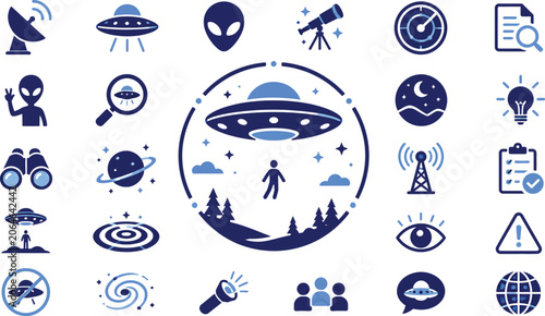 A comprehensive vector illustration set featuring iconic blue alien spacecraft symbols and mysterious extraterrestrial life forms for modern graphic design