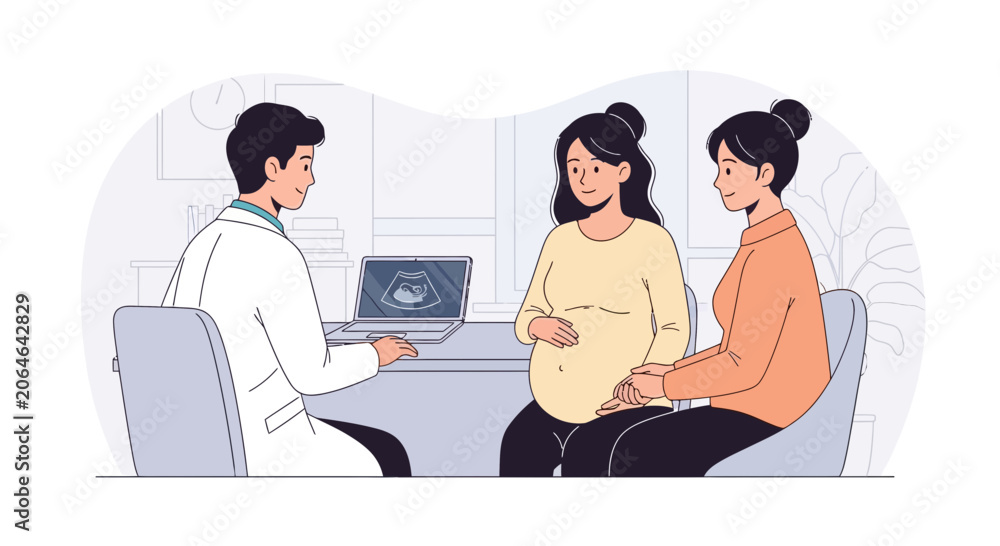 Obraz premium Pregnant Couple with Doctor at Ultrasound Appointment