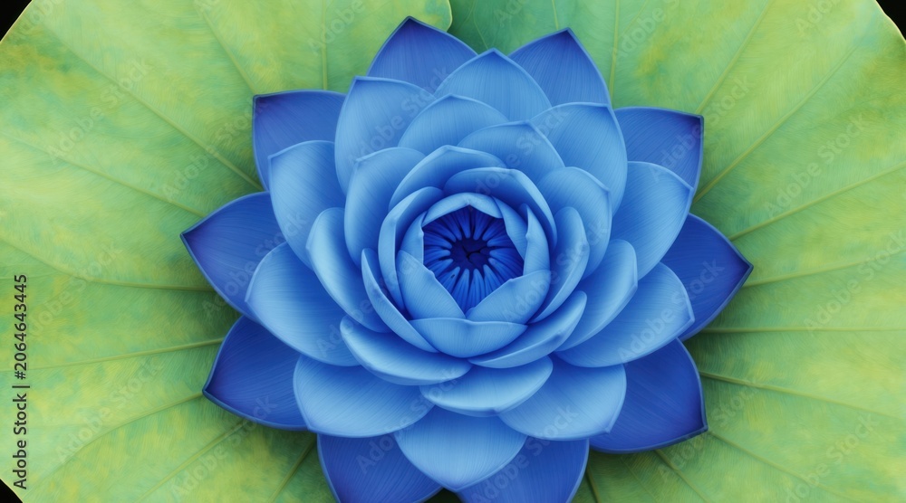 Naklejka premium Vibrant blue lotus flower opens with layered petals. Large green leaves surround blooming aquatic plant. Fresh summer nature, detail macro view. Zen garden beauty.