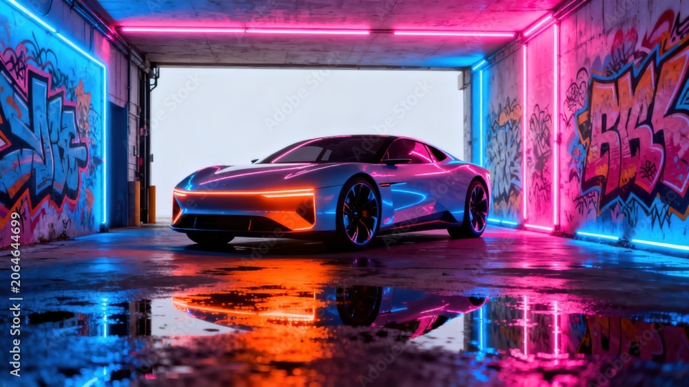 Fototapeta premium Futuristic car in neon graffiti tunnel