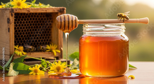 Golden Honey in Jar with Bee on Dipper and Hive