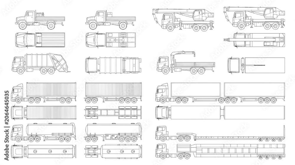 Αυτοκόλλητο Set of technical CAD blueprints featuring detailed top and side orthographic pro