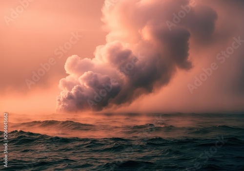 Intense steam rises from the ocean surface under extreme heat conditions, showing the effect of warming water and environmental change, climate, environmental, change