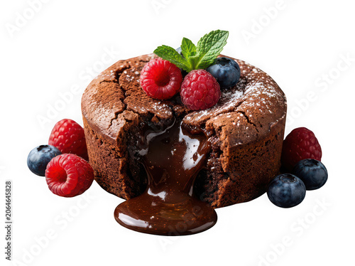 Decadent Chocolate Lava Cake with Molten Center Flowing onto Plate, Fresh Berries and Powdered Sugar Garnish, Luxury Restaurant Dessert Food Photography Isolated on Transparent Background