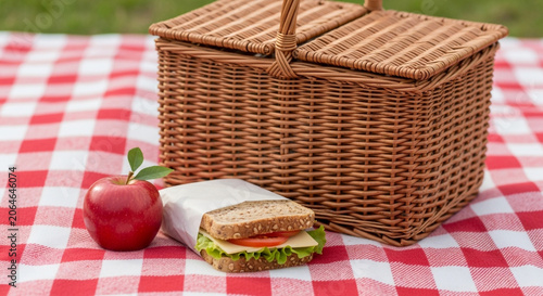 Delicious outdoor picnic setup with sandwich and apple
