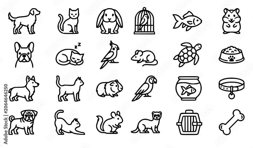 Fototapeta premium Domestic Pet Animal Pixel Perfect Icon Collection with Editable Vector Line Symbols