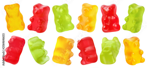 Set of colorful gummy bear candies, isolated on cutout transparent background