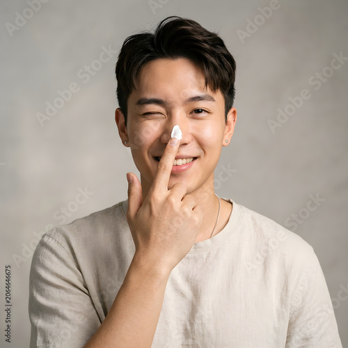 Young Asian Man Applying Moisturizing Cream on Nose for Skincare Routine in a Studio Portrait
