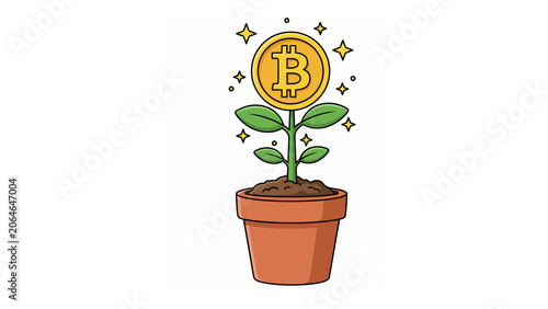 Lively illustration of a plant in a pot, blossoming with a shining virtual currency coin, symbolizing successful investment, financial growth, and digital asset prosperity