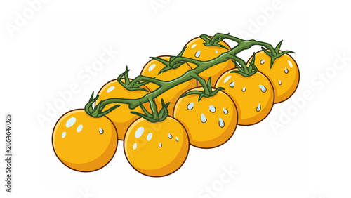 Fresh Yellow Cherry Tomatoes on a Green Vine Illustration Isolated on White Background