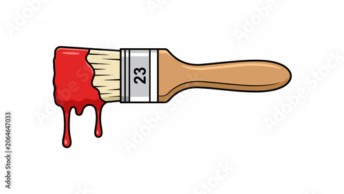 Flat paintbrush illustration with red dripping paint and wooden handle, isolated on a white background for artistic and creative projects