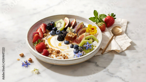 Gourmet Yogurt Bowl with Fresh Berries, Figs, Kiwi, Granola, Honey, and Edible Flowers on Marble