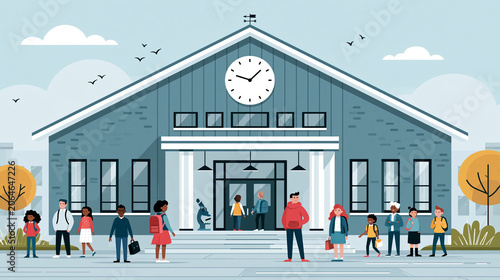 Modern cartoon school house with a clock tower and diverse kids entering the front doors, friendly and educational illustration concept, with copy space