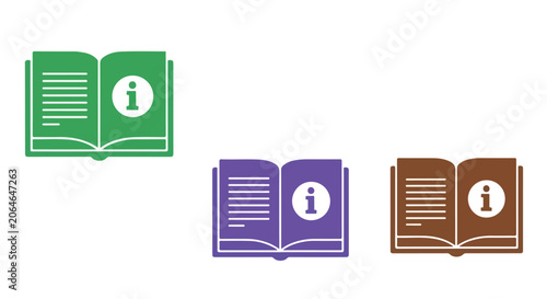 Colorful icons of open books with information symbols on the pages