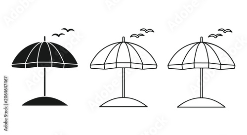 Set of beach umbrellas in black and white illustrations with seagulls flying overhead