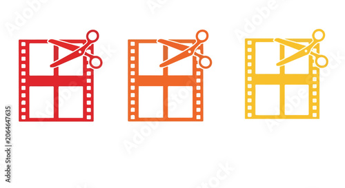 Colorful film strip icons with scissors cutting through, symbolizing video editing and movie production