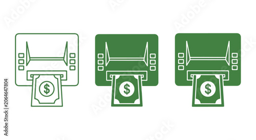 Three green and white icons of computers with money bills and dollar signs, representing online finance and banking