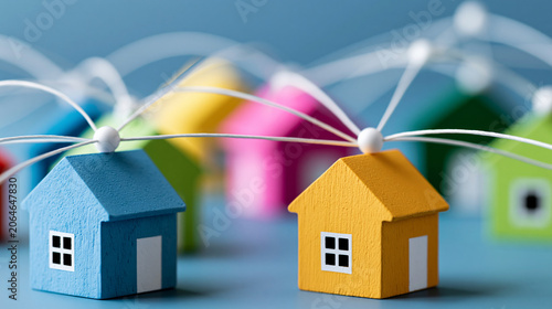 Colorful miniature houses connected by lines and nodes on a blue background, real estate network and community housing concept, defocused, with copy space