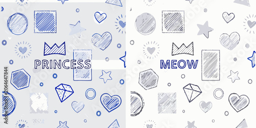 Blue doodle pattern with geometric shapes hearts and handwritten text