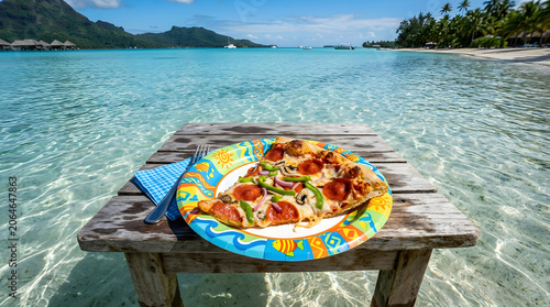 Slice of pepperoni pizza on a wooden table over clear turquoise tropical ocean water in summer
