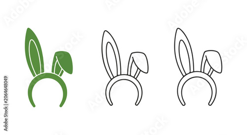 Set of cute bunny ears headbands in green and black outline on white background