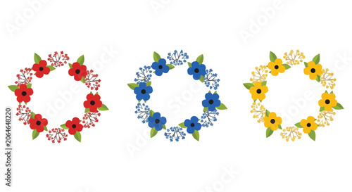 Colorful floral wreaths with red, blue, and yellow flowers on white background
