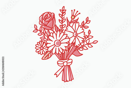 Floral bouquet line art illustration pink and white on a white background