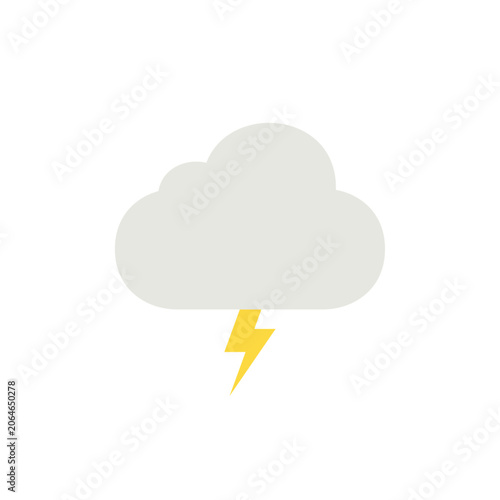 Gray cloud with lightning, weather, icon, symbol, storm, flat design, isolated, white background