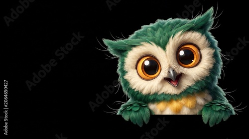 Cute green owl cartoon character peeking over black border. Smiling baby owl with big orange eyes, funny animal mascot illustration holding sign edge isolated on black. Cute wise owlet graphic art.