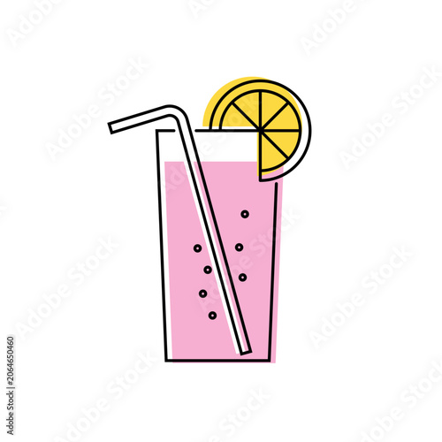 drink with lemon, icon, v4.2Pink beverage, drink, icon, straw, lemon, slice of lemon, refreshing, glass, summer, sparkling, lemonade, cocktail, outline, editable stroke, simple vector illustration