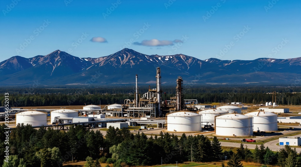 Obraz premium Industrial oil refinery complex with large storage tanks, processing towers stands before majestic mountain range. Vast evergreen forest surrounds facility under clear blue sky. Trucks seen on paved