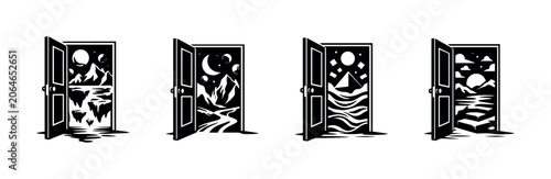 Φωτογραφία Open doors reveal fantastical landscapes and celestial bodies in silhouette