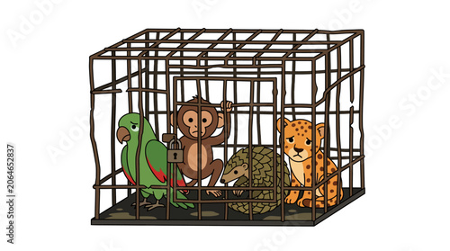 Canvas Print Diverse wild animals trapped inside small iron cage.