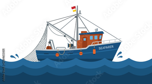 Schilderij op canvas Commercial fishing boat trawler with nets on ocean waves.