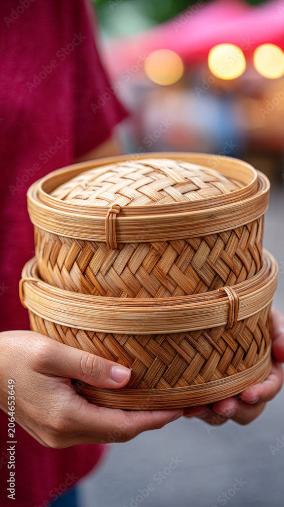 Obraz premium Asian female holding woven bamboo containers outdoors at market