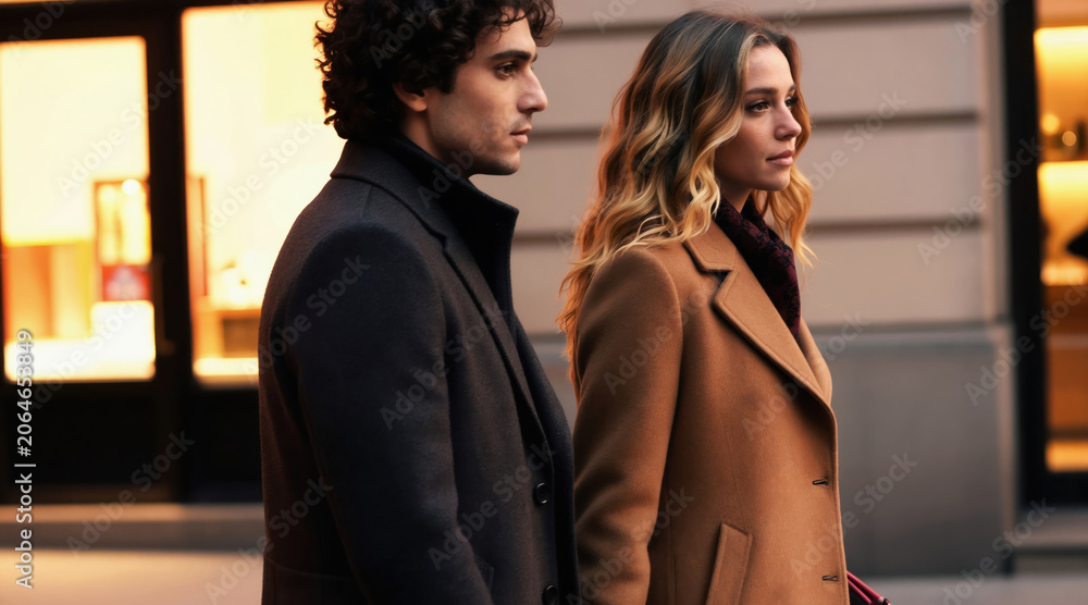 Naklejka premium Young couple walking in city street. Man and woman in elegant coats glance back, blurred lights glow in background. Urban winter fashion scene, romantic date night mood, love.